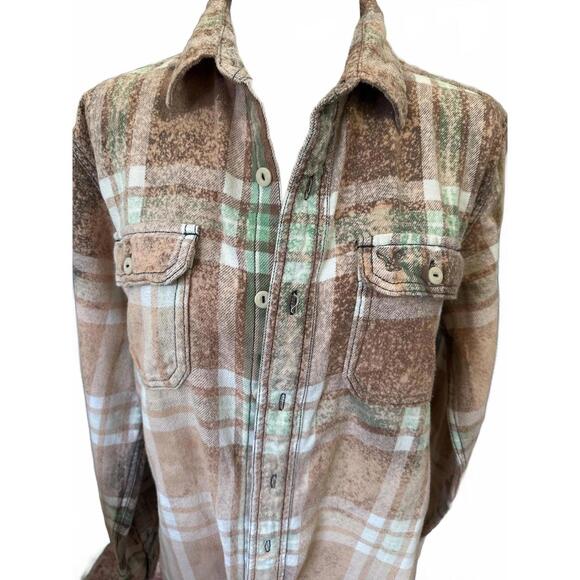 Upcycled Distressed Flannel Brown and Beige Plaid Button-Up Shirt Size Medium - Picture 2 of 8